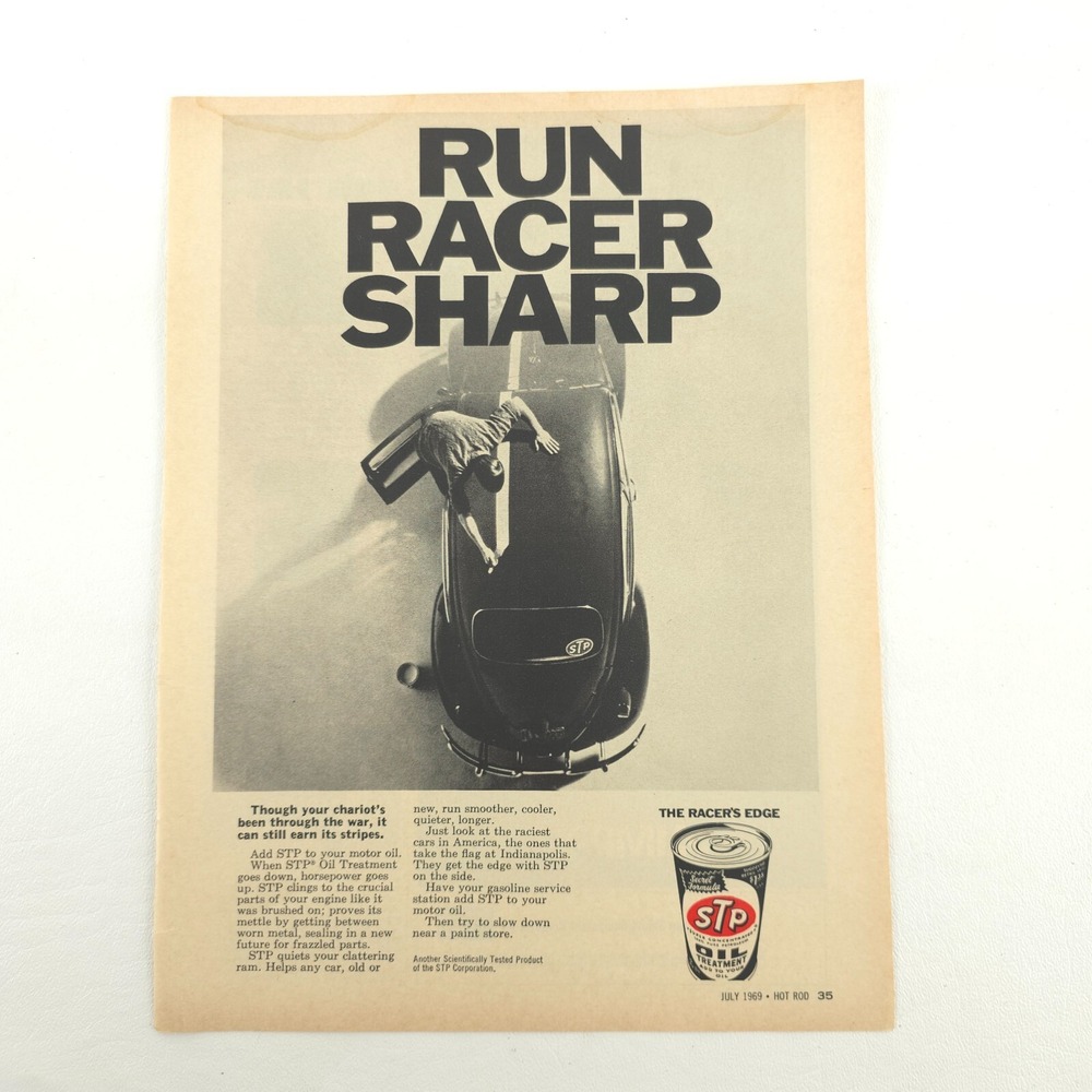 VTG STP Run Racer Sharp Advertising Print Ad 1969 Volkswagen Beetle Promo Art